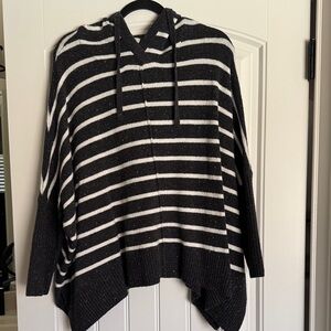 LOFT Charcoal and Cream Striped Hooded Poncho